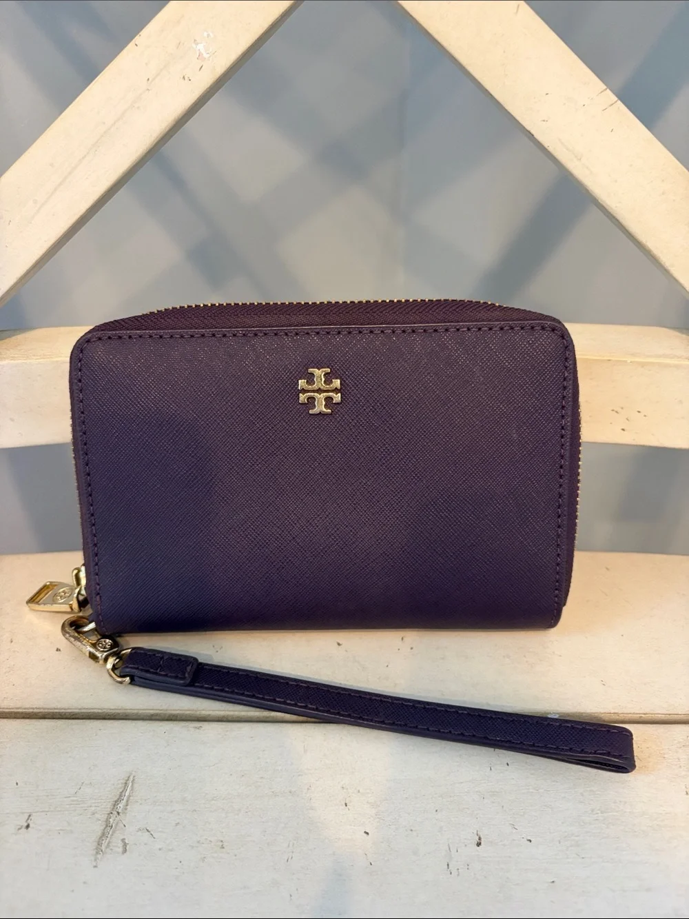 Tory Burch Deep Purple Saffiano Zip Wristlet Wallet with Gold Logo